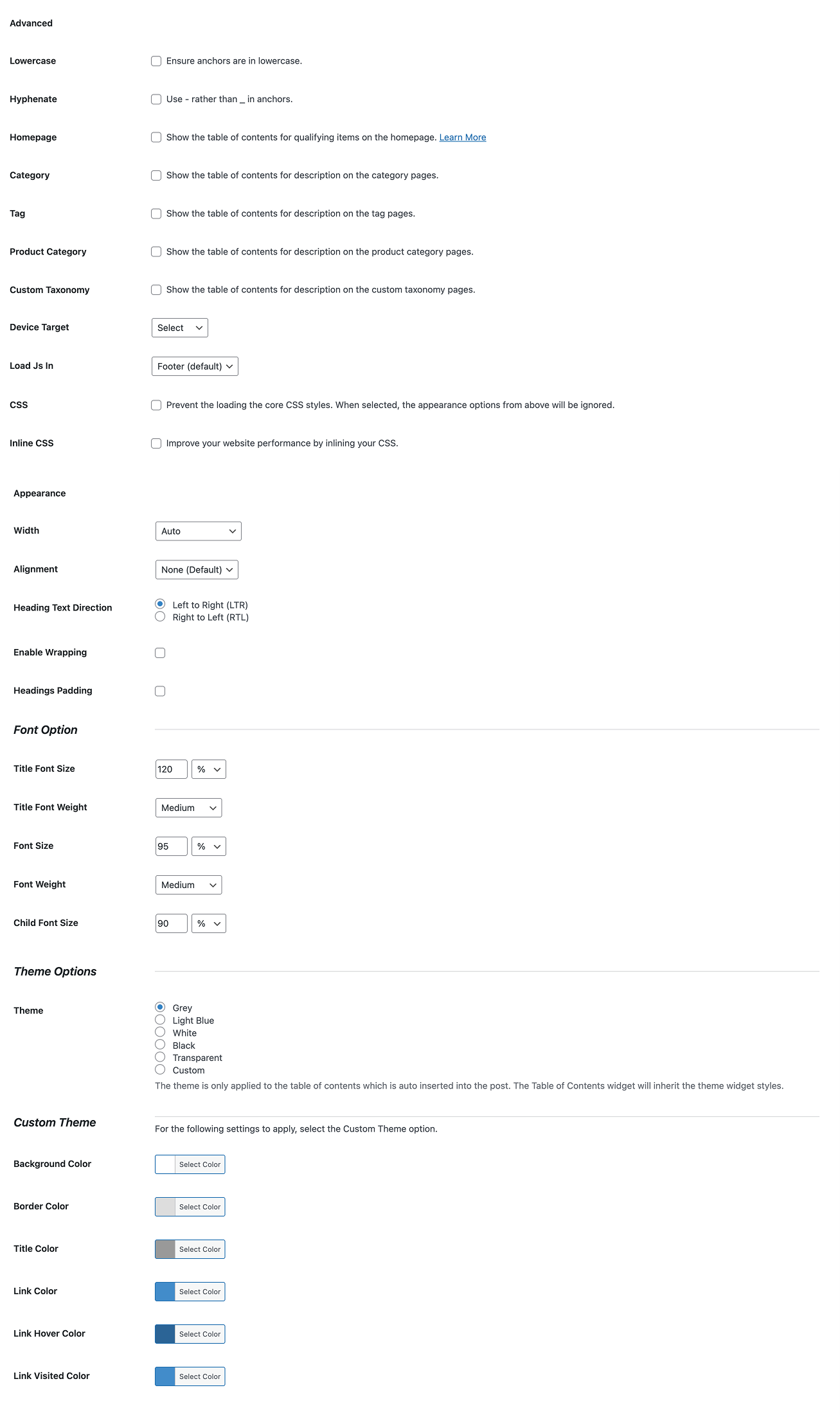 Settings panel of an existing WordPress table of contents plugin showing dense, unstyled default WordPress form fields with no preview