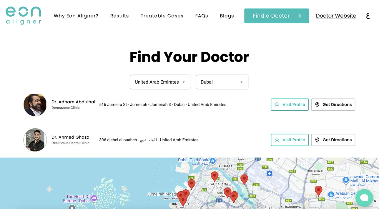 EON Aligner doctor locator displaying country and city filter dropdowns with an interactive map showing clinic locations