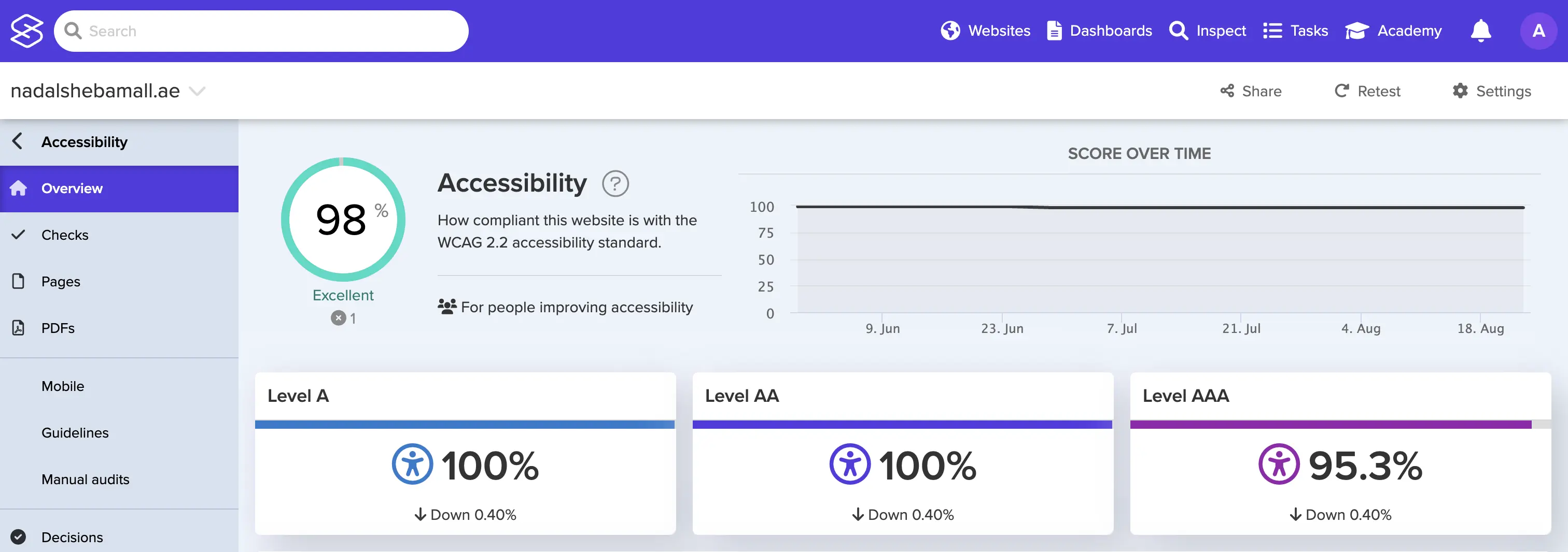 WCAG accessibility audit showing AA conformance