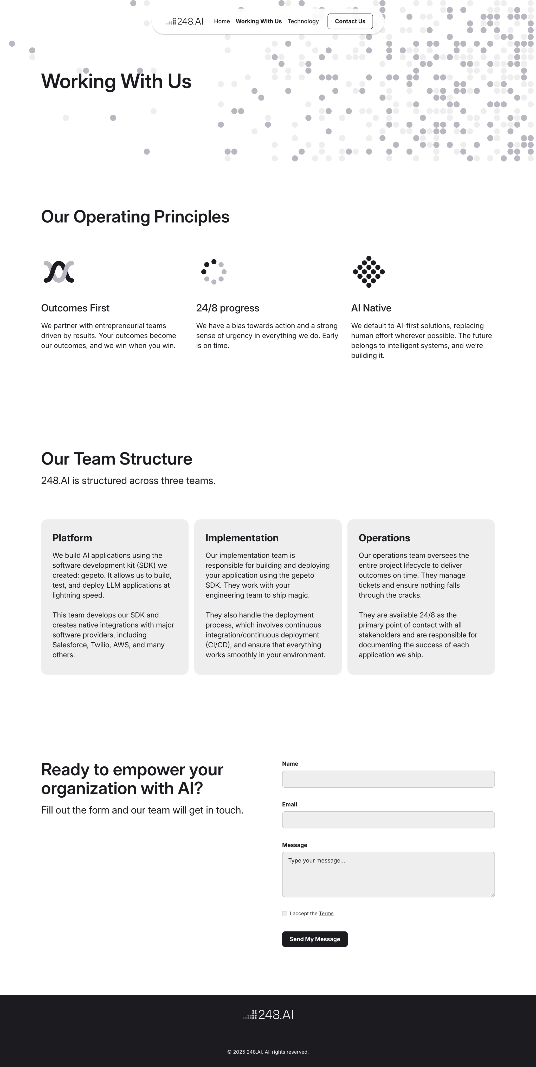 248.AI Work With Us page showing typographic hierarchy and content sections