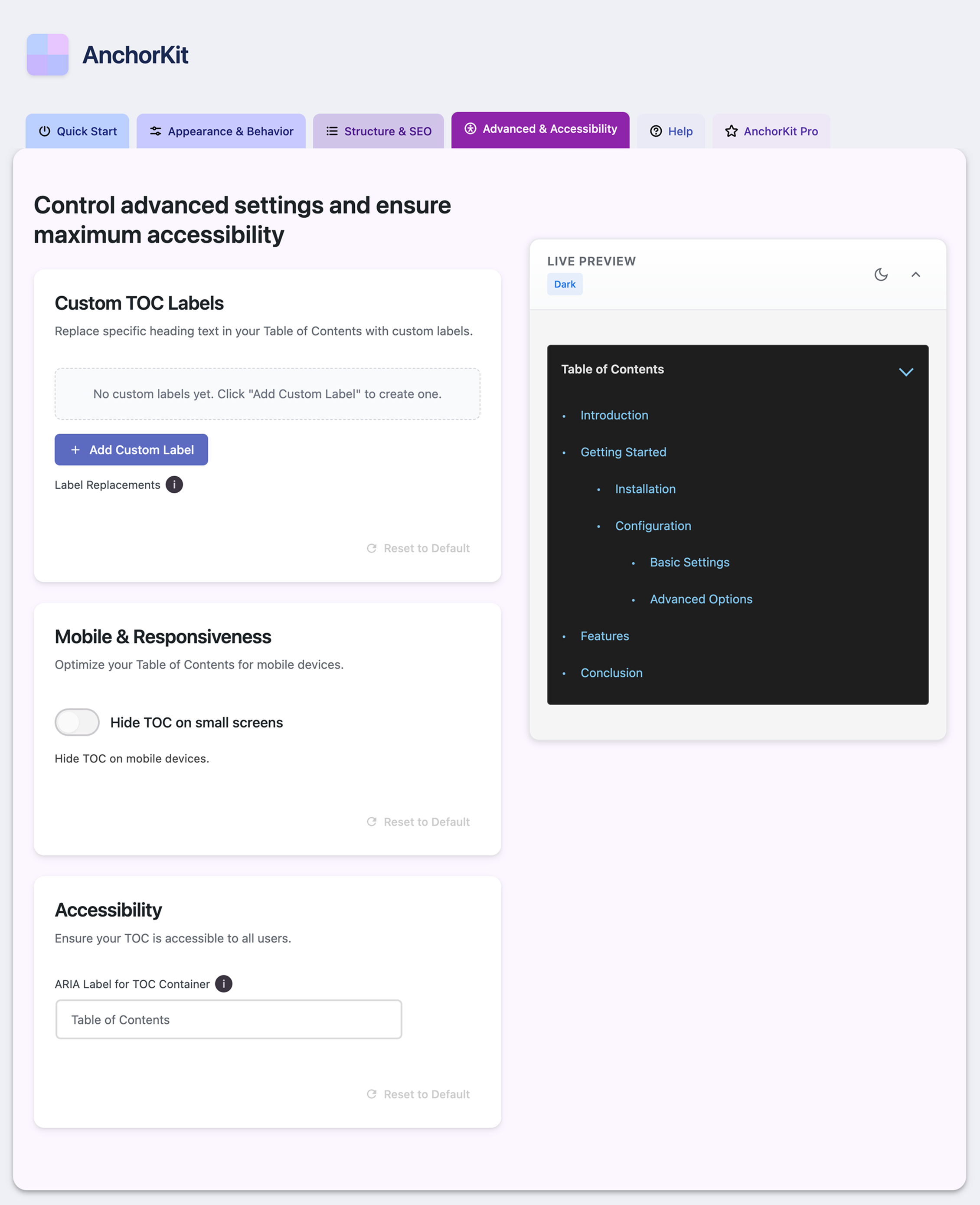 AnchorKit settings panel with live preview pane showing real-time updates as settings change