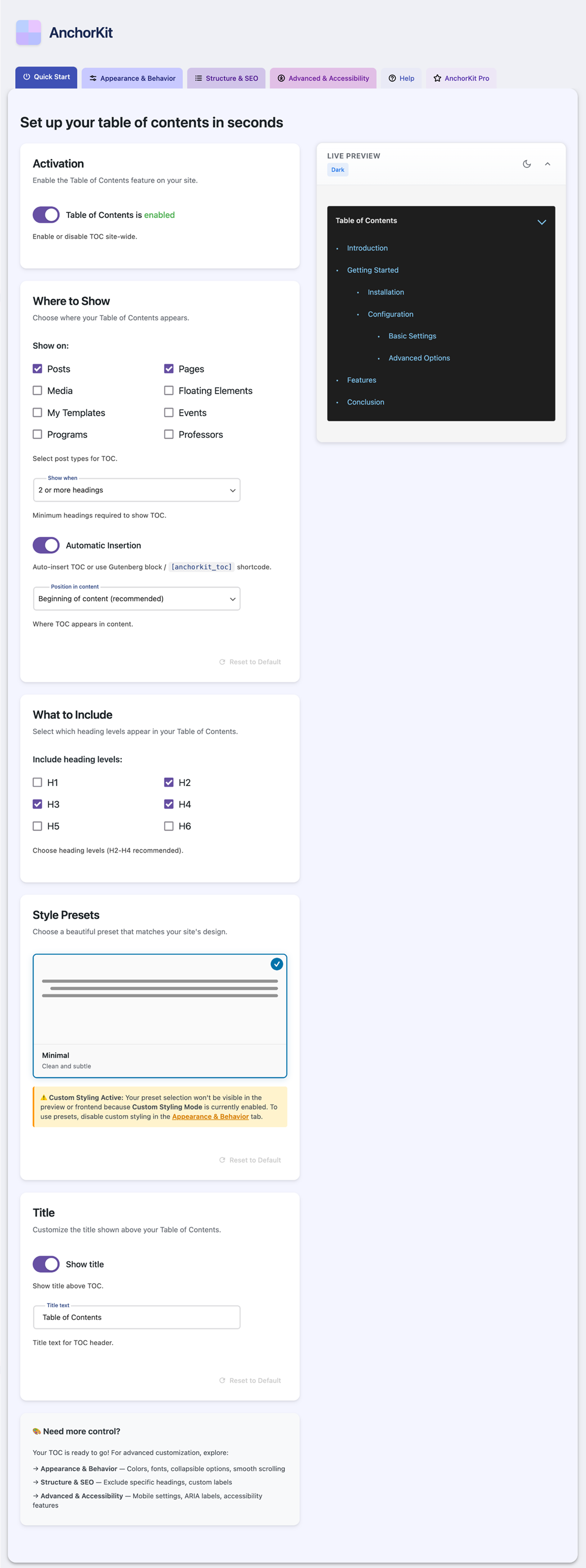 AnchorKit grouped settings tabs showing typography, layout, and behavior controls organized by category