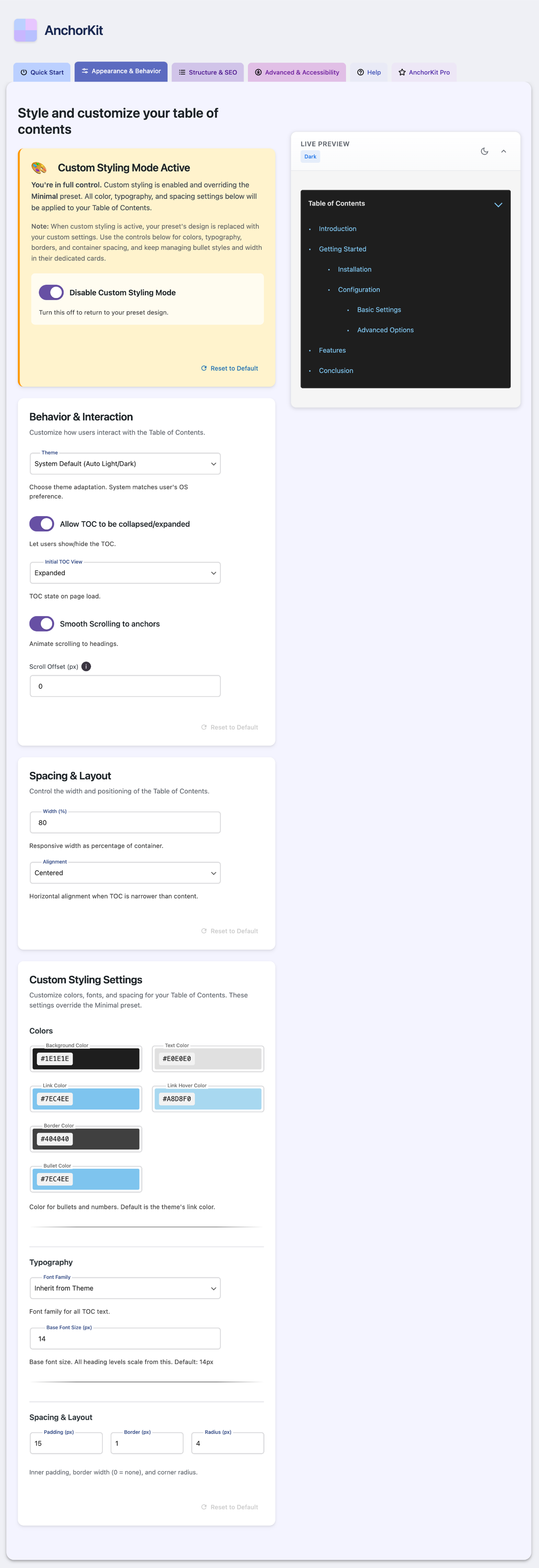 AnchorKit table of contents rendered on a WordPress site showing clean typography, hierarchical structure, and per-section reading time