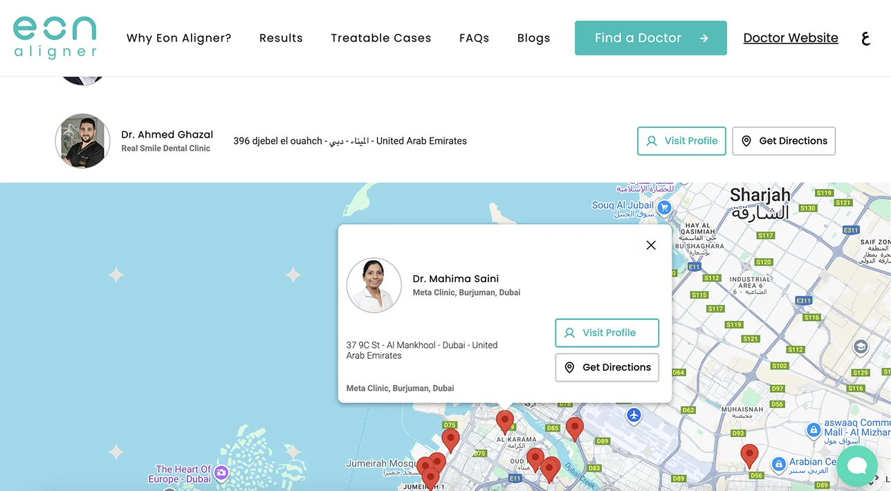 EON Aligner clinic detail popup showing doctor information, clinic address, contact details, and action buttons for directions and appointments