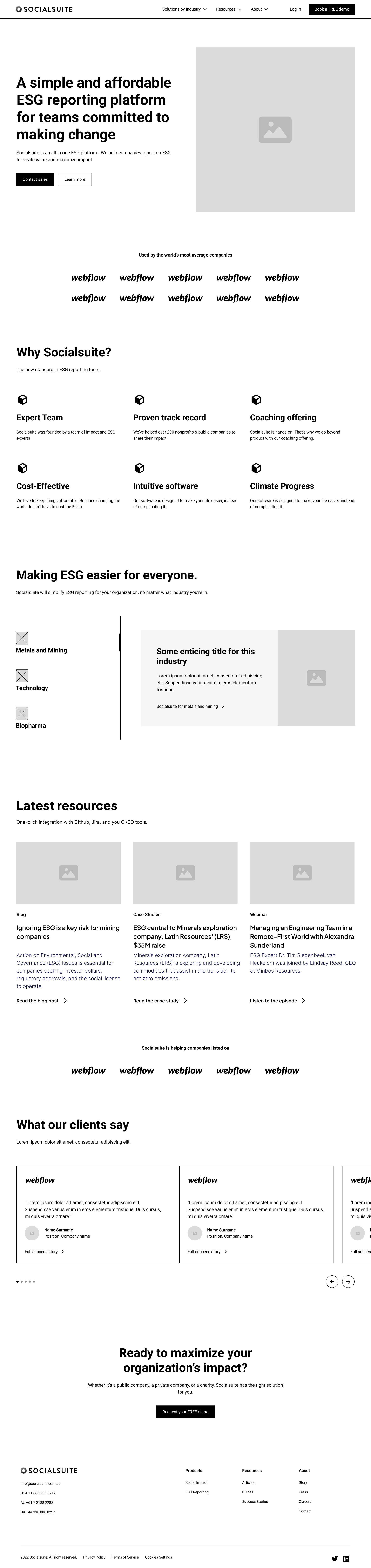 Socialsuite homepage wireframe showing content hierarchy and user pathways